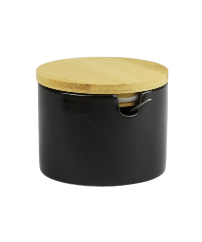 Cukiernica ceramiczna z bambusową pokrywą i łyżeczką PRIMA DECO czarna 10x8 cm-Prima Deco