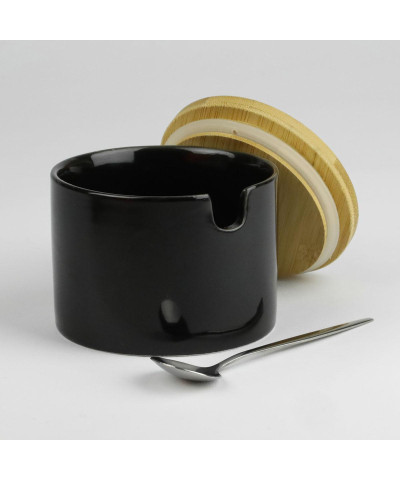 Cukiernica ceramiczna z bambusową pokrywą i łyżeczką PRIMA DECO czarna 10x8 cm-Prima Deco