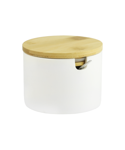 Cukiernica ceramiczna z bambusową pokrywą i łyżeczką PRIMA DECO biała 10x8 cm-Prima Deco