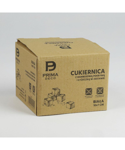 Cukiernica ceramiczna z bambusową pokrywą i łyżeczką PRIMA DECO biała 10x8 cm-Prima Deco