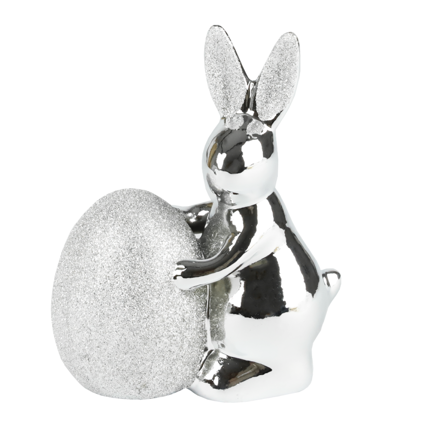 Królik z ceramiki połysk z brokatowym jajkiem srebrny 15 x 11 cm