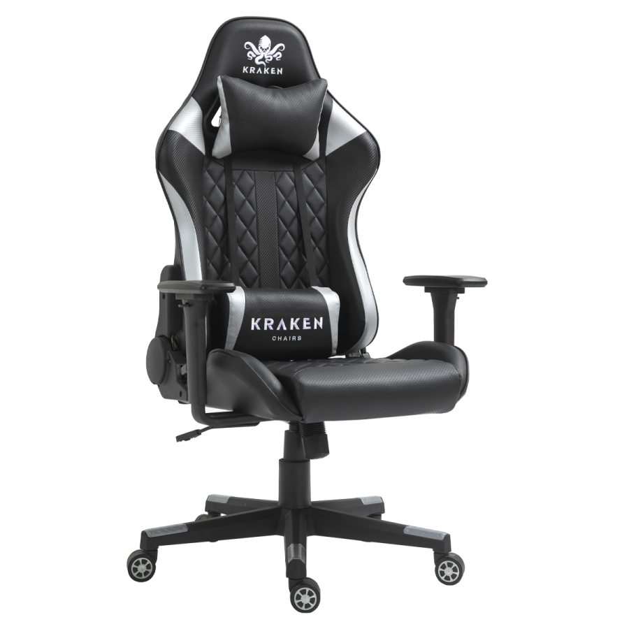 Fotel gamingowy gracza krzesło obrotowe KRAKEN HELIOS czarno-srebrny