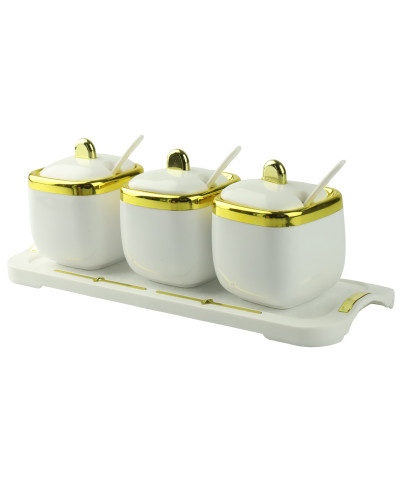 Komplet 3 pojemników z tacą biało złoty