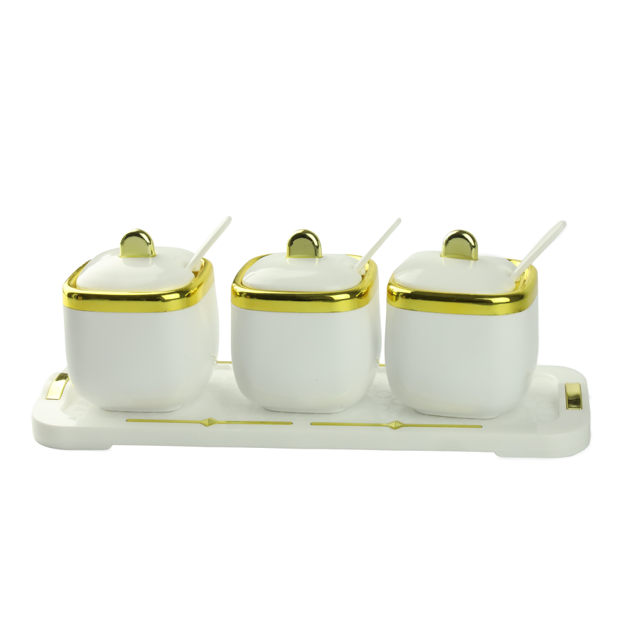 Komplet 3 pojemników z tacą biało złoty