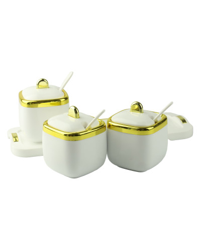 Komplet 3 pojemników z tacą biało złoty