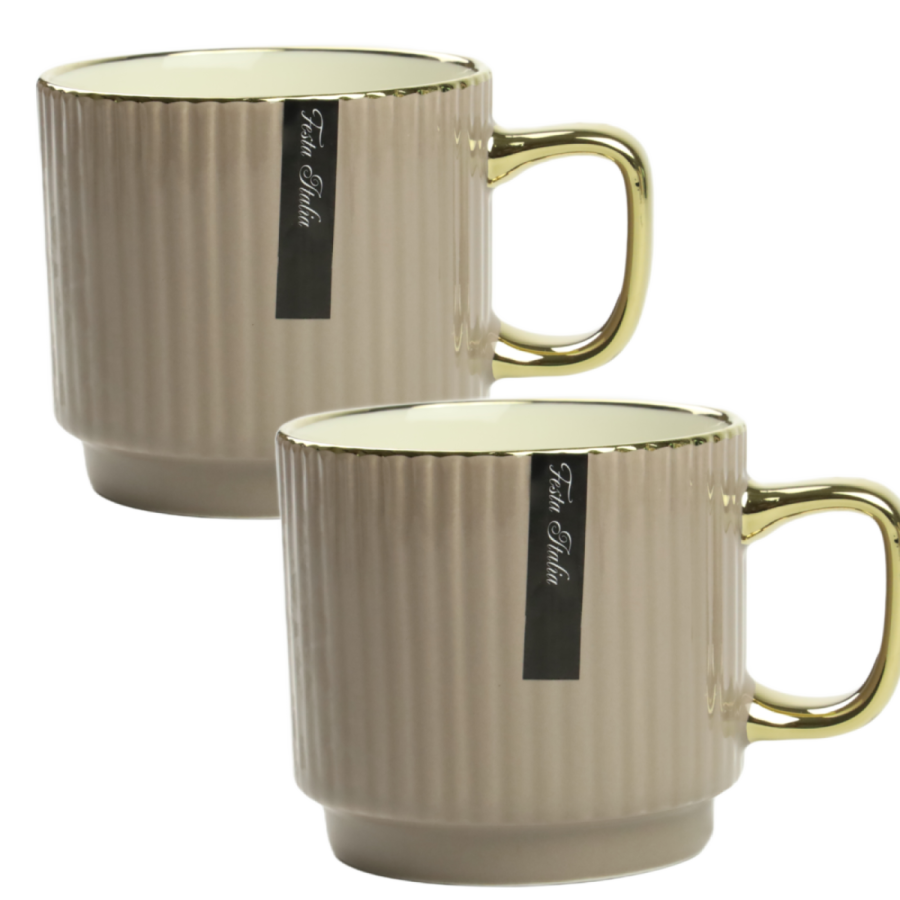 Zestaw 2 kubków porcelanowych beżowo złote  320 ml