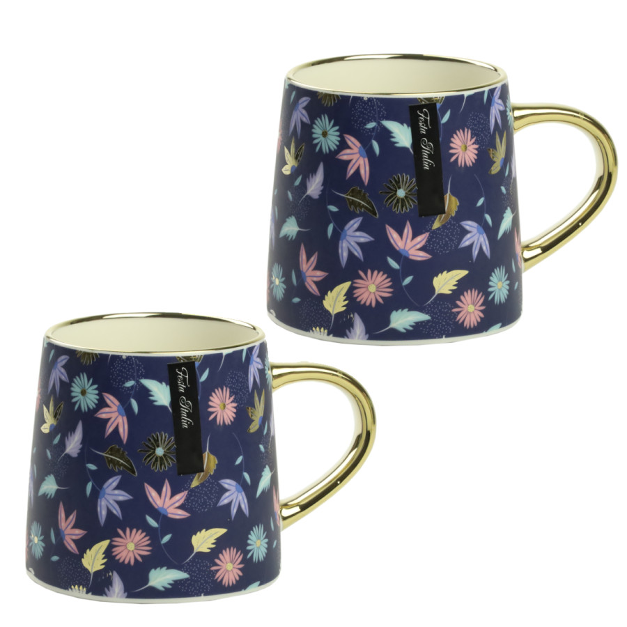 Komplet kubków porcelanowych kwiaty/granatowy/złoty 400ml