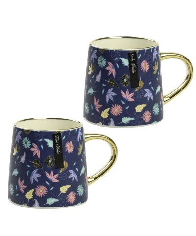 Komplet kubków porcelanowych kwiaty/granatowy/złoty 400ml