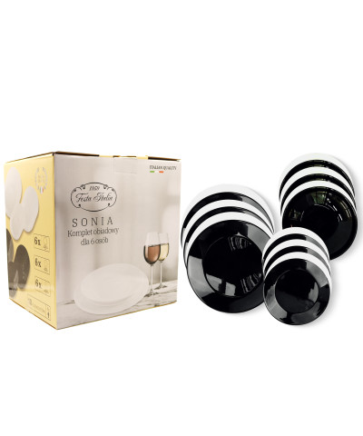 Komplet talerzy ze szkła hartowanego Sonia18-elementowy czarno- biały