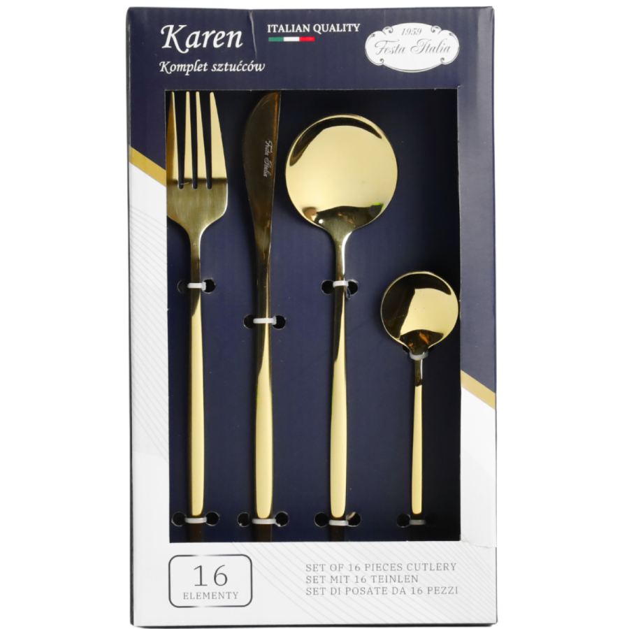 Komplet sztućców w pudełku złote Karen16 elementów